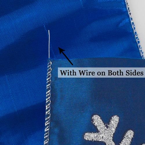 MEEDEE 4 Inch Navy Blue Snowflake Ribbon Navy Satin Wired Christmas Tree Ribbons with Silver Glitter Snowflake 10 Yards Blue and Silver Ribbon for Holiday Crafts, Garlands, Large Tree Topper Bow