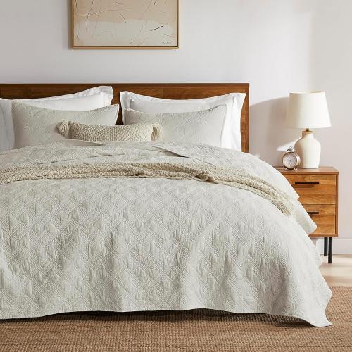 WDCOZY 100% Cotton Oversized King Quilt Set - Beige California Cal King Size Soft Lightweight Modern Bedspread, Farmhouse Country Rustic Coverlet, Textured Like Linen, Shabby Chic Bedding