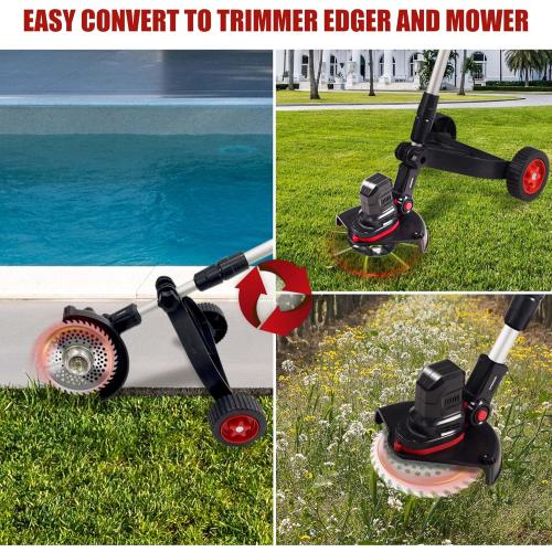 10400mAh Electric Weed Wacker with Wheel, Weed Eater Cordless, Battery Power Display, 4-in-1 Brush Cutter, String Trimmer, Lawn Edger & Mower, Lightweight Weed Wacker with 6 Blade 2 Battery