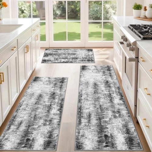 Tritard Upgrade Non Slip Kitchen Rugs Sets of 3 Washable Kitchen Mats for Floor Abstract Kitchen Runner Rug Ultra Soft Floor Mat Set Kitchen Carpet Rugs for Hallway, Laundry, Entryway, Office, Grey