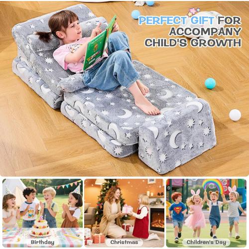 10 Pcs Color Grey  Modular Kids Play Couch,Toddler Couch Kids Sofa,Child Sectional Sofa,Bedroom and Playroom Furniture for Toddlers,Convertible Foam and Floor Cushion for Boys and Girls,Glow in The Dark,Star