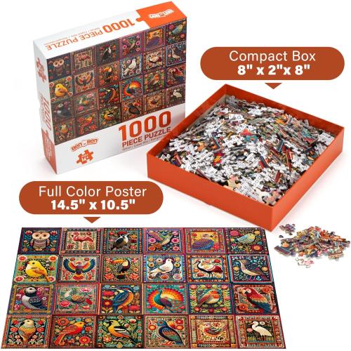 BenBen Puzzles for Adults 1000 Pieces, Bird Crochet, Jigsaw Puzzles with Letters or Patterns on Back, Challenging Puzzles for Family Game Night Home Décor