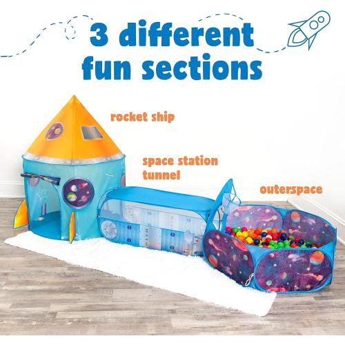 W&O Rocket Ship Play Tent with Tunnel, Ball Pit and Blast Off Button - Inspire Creative Play for Kids - Perfect for Indoor & Outdoor Adventures