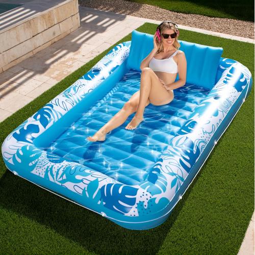 SLOOSH Inflatable Tanning Pool Lounger Float, 85 x 57 Extra Large Pool Floats Adult with Pillow, 4 in 1 Suntan Tub Raft Floatie,Sunbathing Bed Lounge for Water Blow Up Ball Pit Party Gifts, XL-Blue