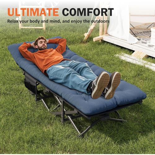 ATORPOK Camping Cot for Adults with Cushion Comfortable, Portable Folding Bed for Sleeping Supports 450 lbs (Blue)