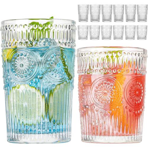 Vintage Drinking Glasses, Textured Clear Striped Glass Cups-6 Highball Glasses 13oz & 6 Rocks Glasses 10oz, Ribbed Glassware Set, Mojito Cups, Cocktail Glass, Iced Coffee Cup