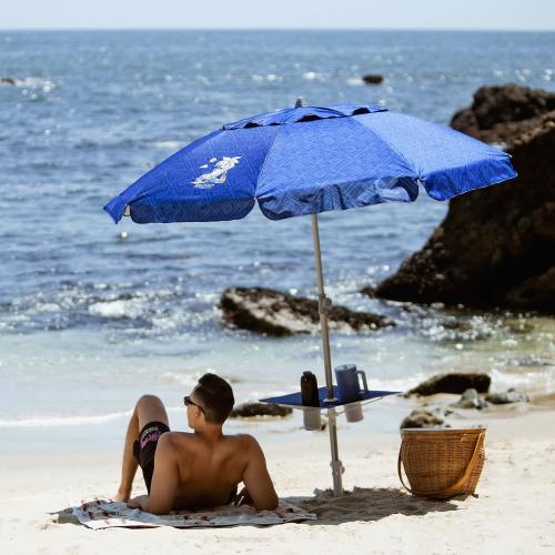 AMMSUN Beach Umbrella With Sand Anchor & Table Tray, 6.5ft Portable Heavy Duty Sun Outdoor Umbrella, UV 50  Protection, Carry Bag for Patio, Pool and Garden, Blue