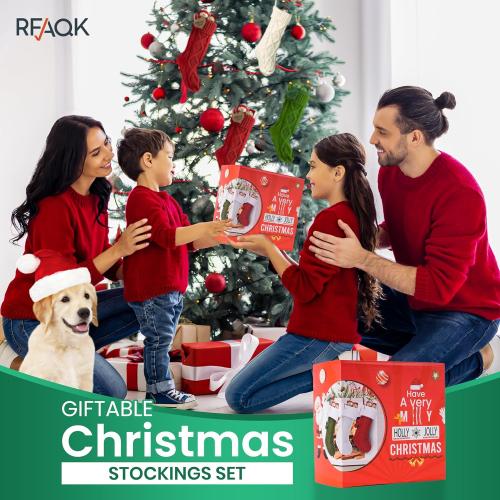 RFAQK 18 Inches Large Christmas Stockings 4 Pack - Burgundy Red, Ivory White, Green - Stretchable Knitted Xmas Stockings with 50Pcs Personalizeable Gift Tags for Family Holiday Christmas Décor