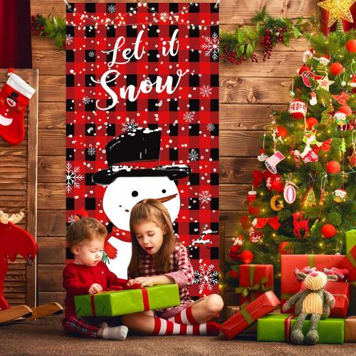 Plaid Christmas Door Cover Snowman Door Banner Decorations Red Black Buffalo Plaid Let It Snow Snowman Cardinal Door Cover Backdrop Sign for Christmas Winter Holiday Indoor Outdoor Party Supplies
