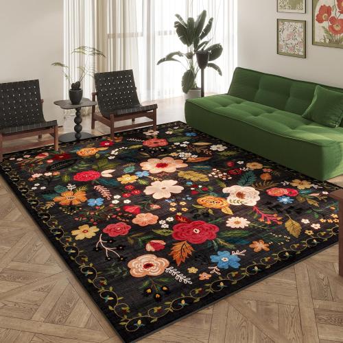Rugcomf Living Room Rug 6x9 Rug Machine Washable Boho Area Rug Non Slip Floral Vintage Low Pile Large Rug for Living Room, Bedroom, Farmhouse, Dining Room, Kids Playroom(Black)