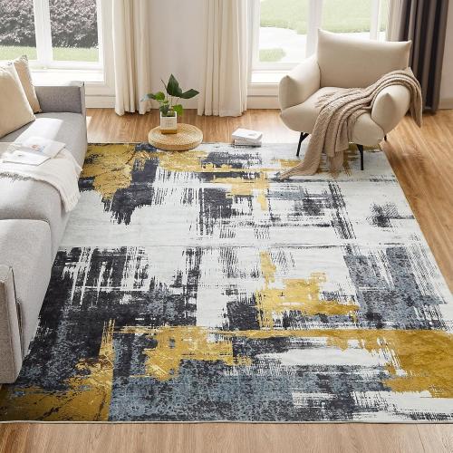 VKLiving Machine Washable 8'x10' Abstract Area Rug - Non Slip, Modern Woven, Soft Carpet for Living Room, Bedroom, Kitchen & Dining - Black