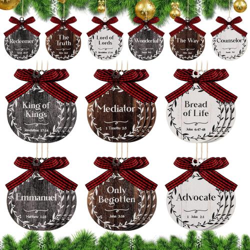 Blulu 24 Pcs 2026 Names of Jesus Advent Christian Christmas Hanging Ornaments Bulk Religious 3 Inch Wood Ornaments with Savior Names for Christmas Tree Decoration(Black, White, Brown,Round)