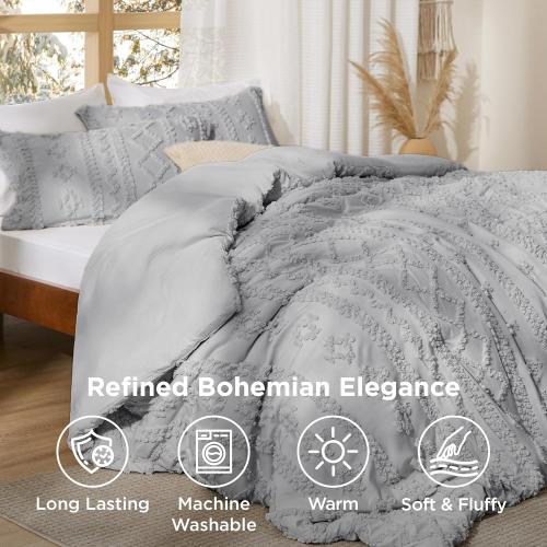 90X90 size Bedsure Tufted Boho Comforter Set90x90 Size - Light Grey Boho Bed Set, GentleSoft™ 3 Pieces Farmhouse Shabby Chic Embroidery Bedding, Gifts for Woman, Soft Jacquard King Comforter for All Seasons