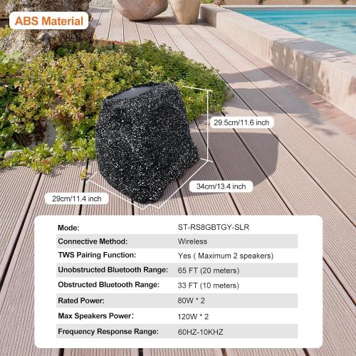 BLACK STUDIOFINIX 8 Rock Speakers Outdoor Waterproof - 5.3 Bluetooth Wireless Speaker Solar Powered Max Peak 240W for Garden,Patio,Deck,Pool,Backyard (Gray 1 Pair)