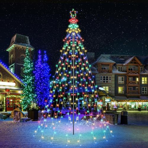 Lomotech Christmas Tree Lights - 10Ft 404 LED with 7.08 Topper, Remote Controll Waterproof Iron Pole Waterfall Lights for Outdoor Christmas Decorations (Multicolor)