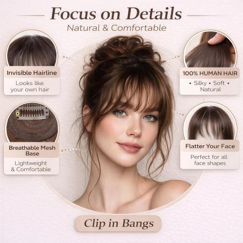 Clip in Bangs Real Human Hair French Bangs with Temples