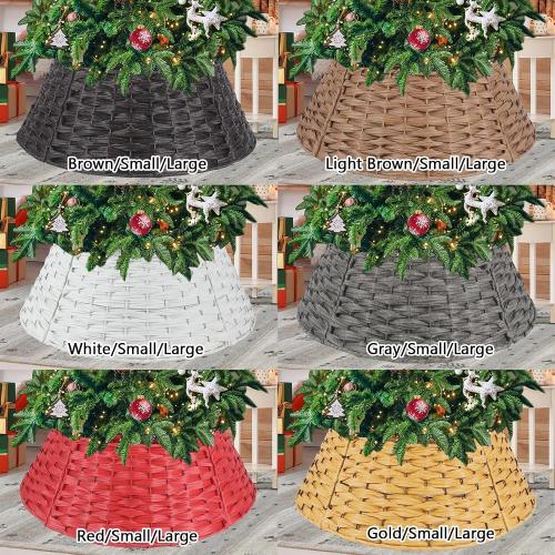 Rattan Christmas Tree Collar, 24in Tree Collar Round Handwoven Disassemble, Light Brown Christmas Tree Collars Wicker Rustic Metal Frame Decoration