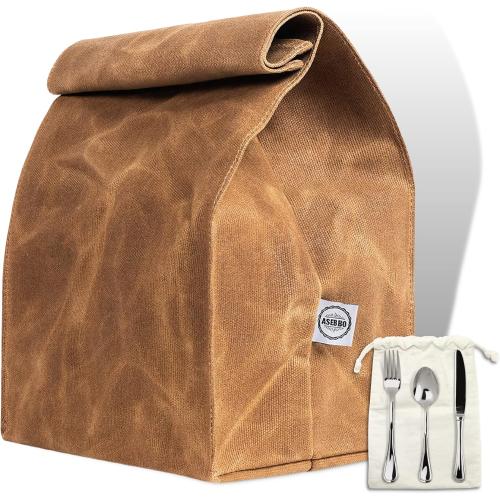 Waxed Canvas Lunch Bag – Reusable Insulated Paper Bag-Style Lunchbox for Adults – Leakproof & Durable Sack Lunch Box for Work, Picnic & Travel – Stylish Brown Bag Cooler with Shoulder Strap