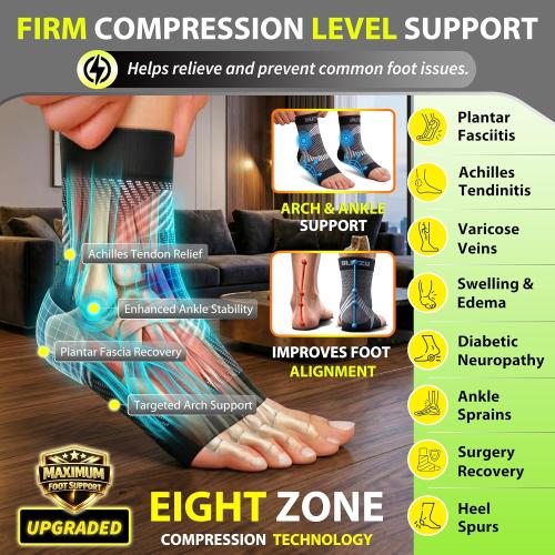 Compression Socks for Plantar Fasciitis, Achilles Tendonitis, Arthritis Relief, Ankle Brace Compression Sleeve with Foot Arch Support, Ankle Wrap for Women, Men, Swelling & Heel Pain Black L-XL