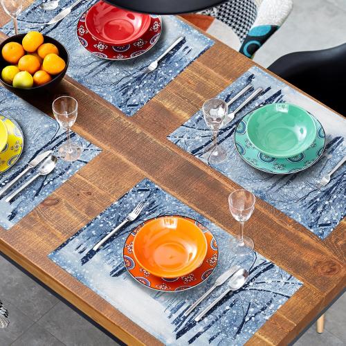 Winter Placemats Set of 4 18x12 Inch Snow Snowflake Forest White Holiday Linen Place Mat Heat-Resistant Washable Wipeable Winter Sence Table Mat for Party Kitchen Dining Home Decor