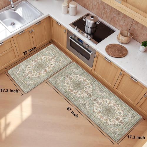 Boho Kitchen Mats for Floor 2 Piece Set Anti Fatigue Cushioned PVC Kitchen Rugs Non Slip Waterproof Farmhouse Mats  Comfort Standing Mat for Laundry, Green Orange Beige