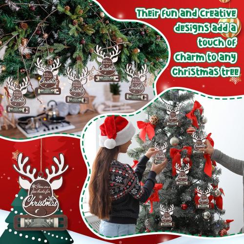 Jenaai 24 Pcs Christmas Money Holder for Cash Gift Reindeer Money Holder Ornament Bulk Wooden Christmas Tree Gift Cash Hanging Ornament Here are a Few Bucks for Xmas Party Stocking Stuffers Gifts