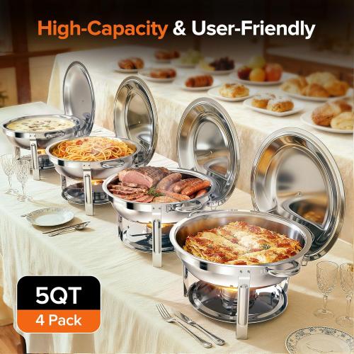 Chafing Dishes for Buffet, 4 Pack 5QT Round Stainless Steel Chafing Dish Set with Lid Holder for Home Parties, Christmas Gatherings, Catering Events, Complete Buffet Warmer Set - Silver