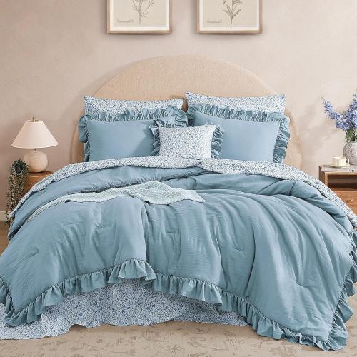BLOOMHAVEN Oversized Queen Comforter Set - 7 Pieces Ruffle Blue Bedding Sets, Shabby Chic Farmhouse Bed in a Bag with Ruffle Comforter, Floral Sheets, Pillowcases & Shams