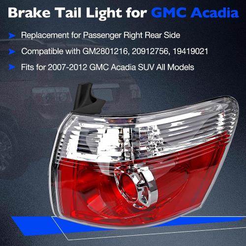 Brake Tail Light for GMC Acadia 2007-2012 - GM2801216 Rear Taillight Assembly for 20912756 and 19419021 - Outer Tail Lamp for Passenger Right Side RH