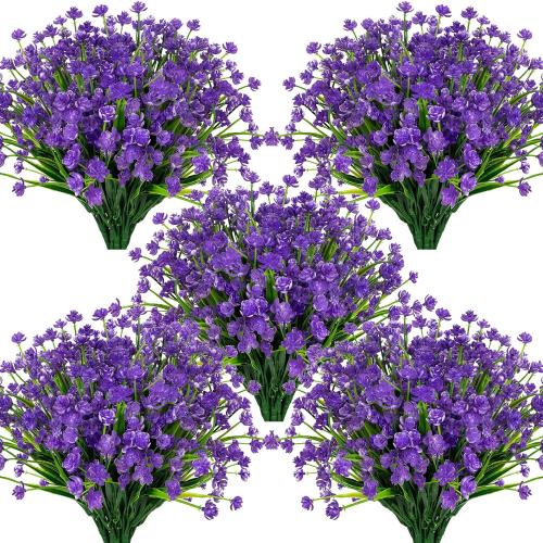 Lnoicy 20pcs Artificial Flowers for Outdoor,Plastic Flowers Decoration, UV Resistant Faux Flowers Shrubs, Artificial Plants for Indoor Outside Garden Home Wedding Farmhouse（Purple）