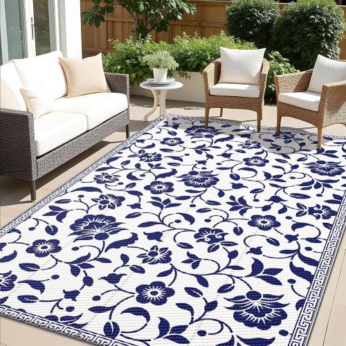 Waterproof Outdoor Rug Medium Outdoor Plastic Straw Rug with Flower Pattern, Reversible RV Mat for Patio, Camping, Balcony, Deck, Backyard, Navy & White