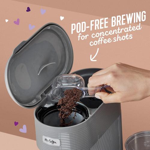 Grey Mr. Coffee 4-in-1 Latte Lux Iced Hot Coffee Maker with Built-In Milk Frother Single-Serve 22 Ounces