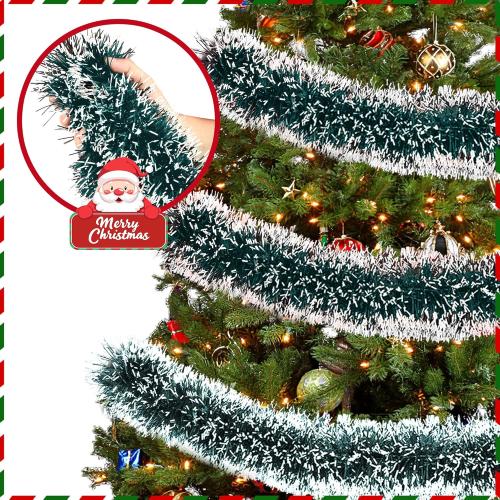 50FT Tinsel Christmas Garland Metallic Twist Garland Shiny Hanging Tinsel for Christmas Tree Party Supplies Indoor Outdoor Home Xmas Decoration (Green/White)