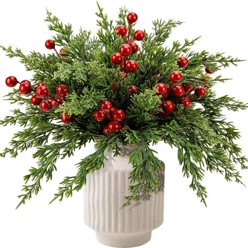 Watayo 60 Pcs Christmas Artificial Pine Branches with Red Berry Stems, 10.5 Faux Evergreen Norfolk Pine Cypress Leaves Stems, Fake Foliage Pine Needles Picks for DIY Craft Garland Home Decor