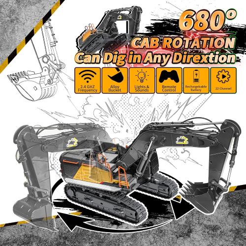 22 Channel Remote Control Excavator, 1/14 Scale RC Excavator Metal Shovel Independent Arms, Professional Construction Vehicles with Lights Sounds, Best Gift for 8  Years Old Boys Adults