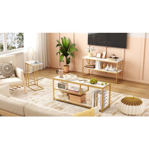 Function Home TV Stand for TVs up to 50 Inch, 3 Tier Entertainment Center, Modern TV Cabinet with Marble Top and Gold Metal Base, 42 Media Console Table with Storage for Living Room Bedroom