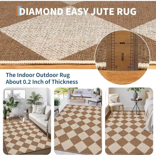 GarveeHome Checkered Easy Jute Area Rug 8x10 Machine Washable Non-Slip Stain Resistant Indoor Outdoor Rugs for Living Room, Bedroom, Kitchen, Dining, Patio Farmhouse Style Brown