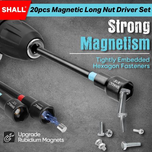 SHALL 20PCS Magnetic Nut Driver Set, 6” Long Nut Drivers for Impact Drill, SAE & Metric 1/4” Hex Shank Nut Driver Bit & Impact Drill Driver Bit w/Power Screwdriver Bits PH1/PH2/SQ2/T20, Storage Bag