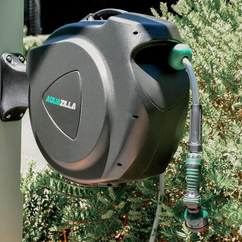 Size 65 6ft 5/8 Retractable Garden Hose Reel, 65FT  6FT 5/8 Durable Wall Mounted Water Hose Reel with 180° Swivel Bracket, 9 Pattern Sprayer, 6Ft leader hose,Smooth Automatic Rewind, Any Length Lock.