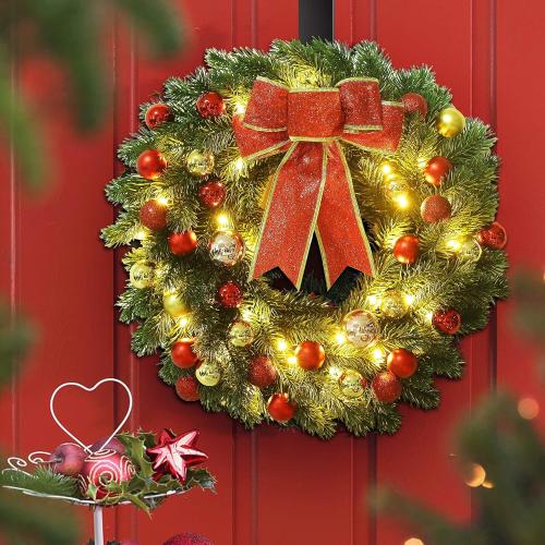 Lulu Home 16 Inch Pre-lit Christmas Wreath with Hook, Battery Operated Christmas Wreath Decorative Christmas Balls Hanging Ornament, Artificial Door Wreath 40 Clear LED Lights