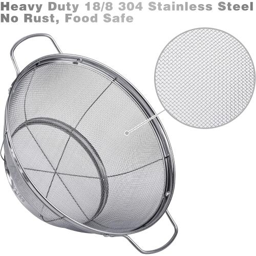 3 Pack 18/8 Stainless Steel Colander Sieves(5-Quart, 4-Quart and 3-Quart), Mesh Strainer Net Baskets with Handles & Resting Base for Strain, Drain, Rinse or Steam