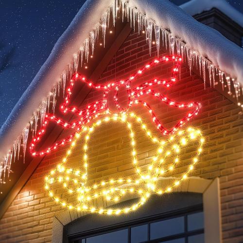 Joomer 33‘’ Christmas Lights Outdoor Bell Neon Super-Bright Large LED Christmas Light Decoration with Timer Waterproof for Outdoor Home Party Wall Hanging Holiday(Warm White & Red)
