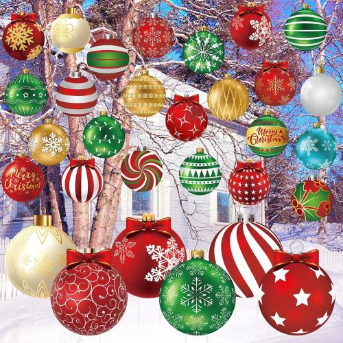Huwena 30 Pcs Christmas Outdoor Hanging Decorations Snowflakes Candy Yard Signs Include 6 Plastic Yard Stakes 24 Double Sided Ornaments for Christmas Winter Holiday Garden Tree Decor (Ball)