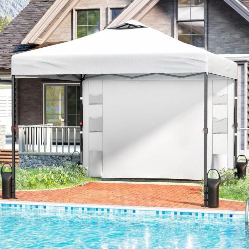 10'x10' Pop Up Canopy Tent with 1 Sidewall and 6 Pockets, One Push Setup, Instant Shade Tent with Vented Roof for Beach Patio Outdoor, Case, 8 Stakes, 4 Ropes, 4 Sandbags (White)
