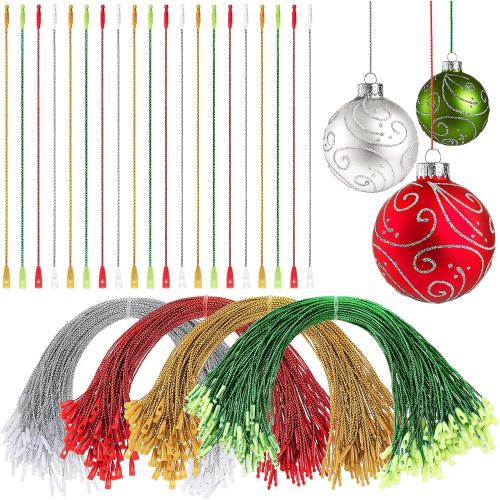 Nuanchu 400 Pcs Christmas Ornament Hangers Precut Cord String for Ornaments Ornament Hooks with Snap Fastener Polyester Hanging Ropes for Christmas Holiday Party Decorations (Gold Red Green Silver)
