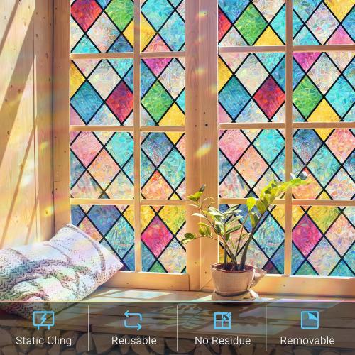 Haton Stained Glass Window Film, Rainbow Window Privacy Film, Decorative for Home Door 17.5 x 78.7