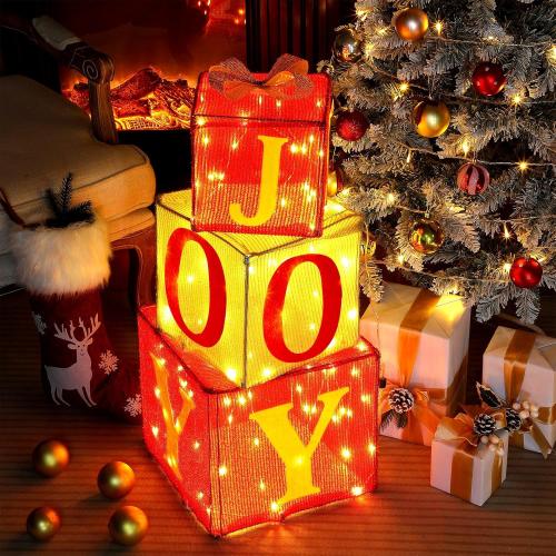 Honoson 3 Sets Extra Large Christmas Lighted Gift Boxes 8.1'' 10.5'' 12.5'' Joy Present Boxes Pre Lit with 100 Warm White Lights Christmas Decorations for Home Indoor Outdoor Garden Lawn