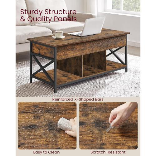 VASAGLE Lift Top Coffee Table, Lift Coffee Table with Storage Shelf, Hidden Compartments and Lifting Top, for Living Room, Office, 19.7 x 47.2 x (19.3-24.4) Inches, Rustic Brown and Black ULCT212B01