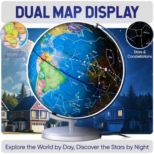 SMART WALLABY 9 Illuminated Educational Kids World Globe   STEM Flags & Countries Interactive Card Game. 3 in 1 Children Desktop Spinning Earth Political & Constellation Maps, LED Night Light Lamp