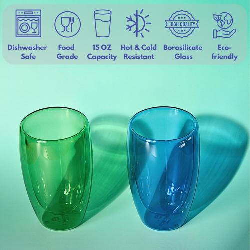 Double Wall Glass Cup Set of 2 - Insulated Coffee Mug for Hot&Cold Drinks - for Home Café Iced Matcha, Coffee, Mixed Drinks, Colored Premium Borosilicate Glass in Ocean Blue/Botanic Green